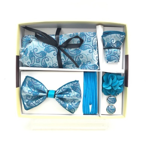 Men's 6 Piece Tie Bow Tie Gift Set Teal Blue - Picture 1 of 2